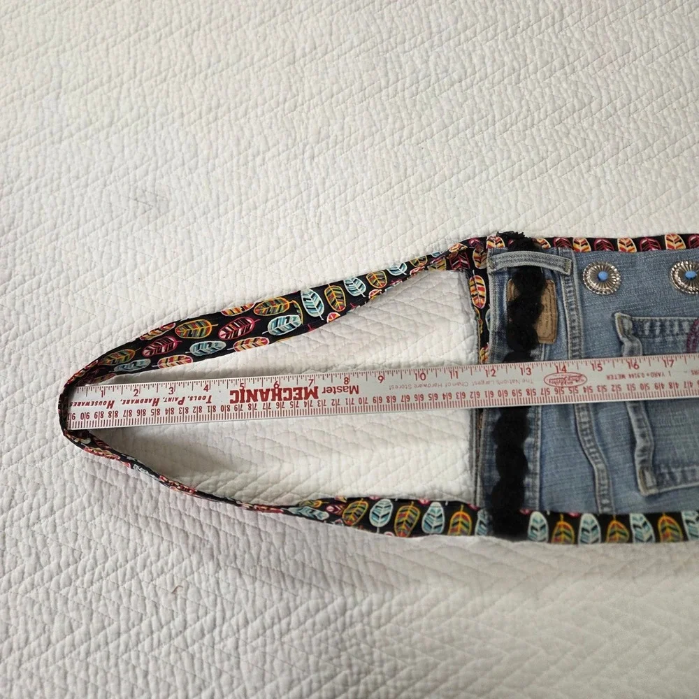 Levi Strauss Upcycled Denim Boho Crossbody Bag Conchos Feather Trim‎ Blue